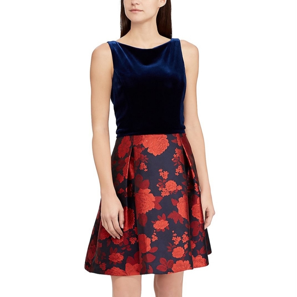 Chaps Floral Velvet Fit & Flare Blue Red Jacquard Dress Size 12 Party‎ Dance